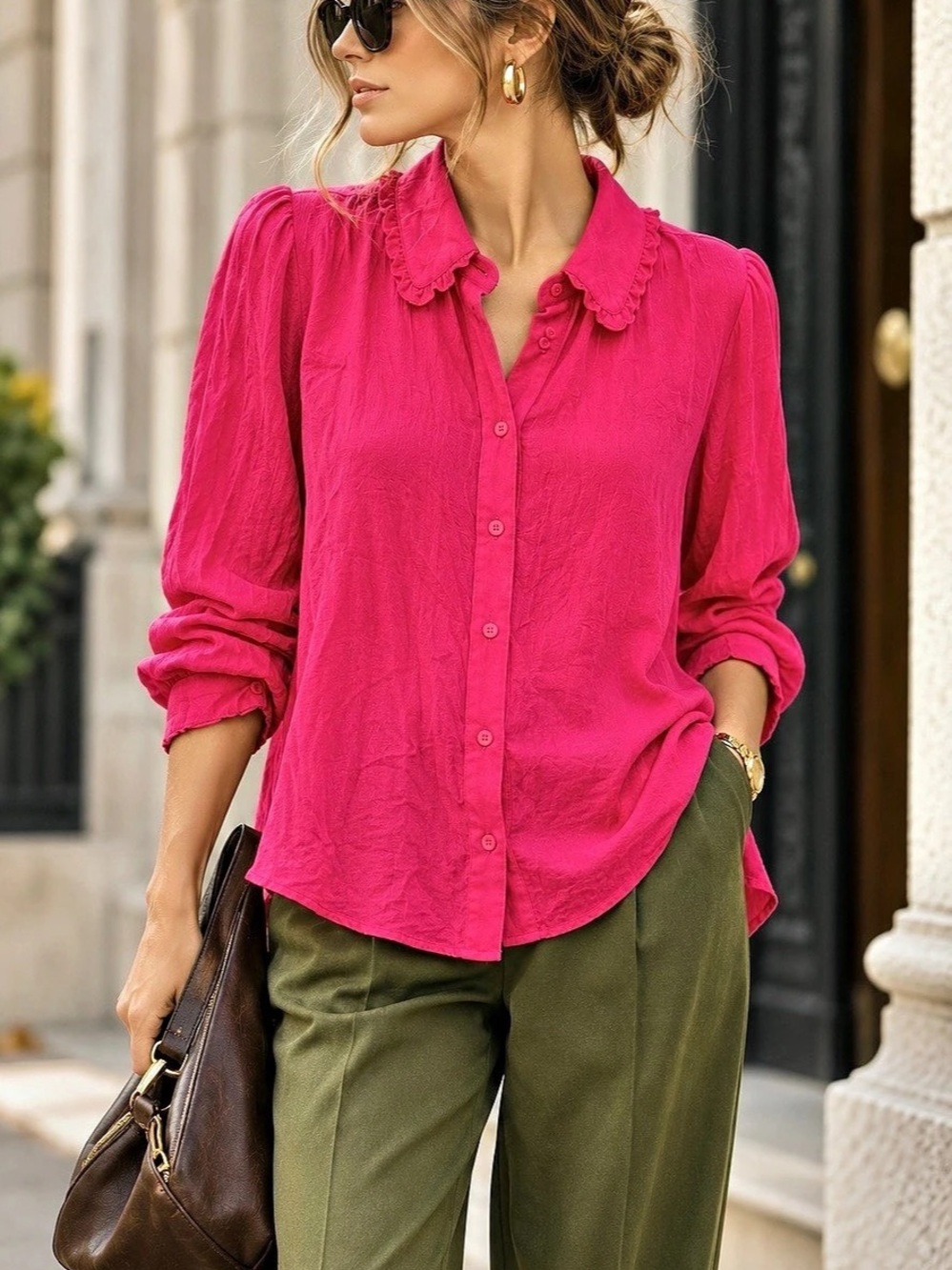 Claudie Pierlot Ruffled Collar Long-Sleeve Blouse Pink Size 38 - Picture 2 of 8